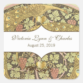 Adesivo Quadrado Arch Art Nouveau Peacocks Cardíaco Selo de Casamen