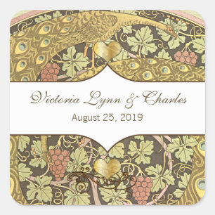 Adesivo Quadrado Arch Art Nouveau Peacocks Cardíaco Selo de Casamen