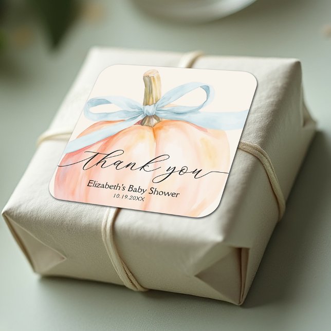 Adesivo Quadrado Arco Azul Pequeno Chá de fraldas de Abóbora (Blue ribbon and bow little pumpkin boy baby shower square stickers)