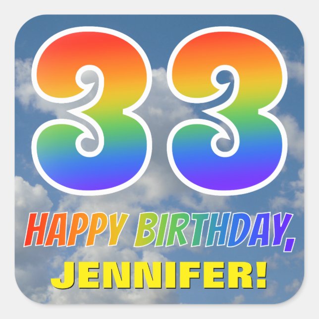 Adesivo Quadrado Arco-Íris "33" e "FELIZ ANIVERSÁRIO", Nuvens, Céu (Frente)