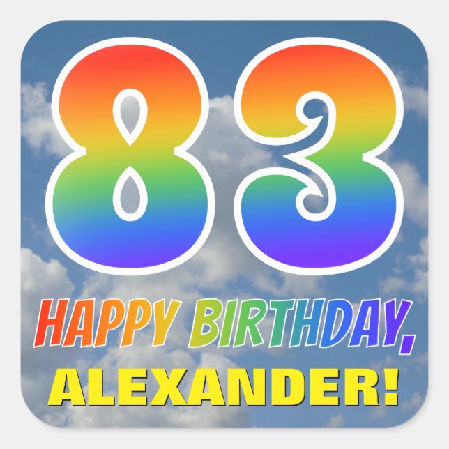 Adesivo Quadrado Arco-Íris "83" e "FELIZ ANIVERSÁRIO", Nuvens, Céu (Frente)