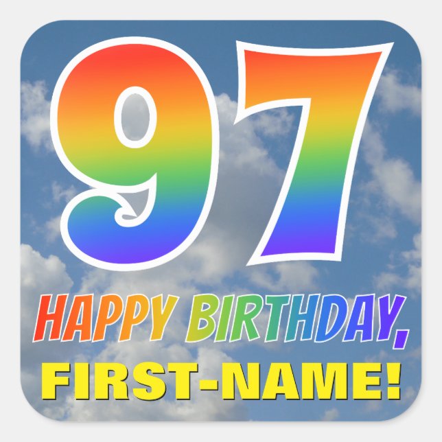 Adesivo Quadrado Arco-Íris "97" e "FELIZ ANIVERSÁRIO", Nuvens, Céu (Frente)