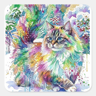 Adesivo Quadrado Arco-íris Caprichoso Gato Fofo de Aquarela no Inve