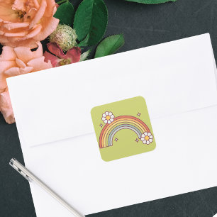 Adesivo Quadrado Arco-íris Floral Boho Aquarela Retrô