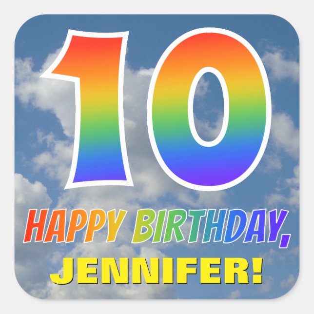 Adesivo Quadrado Arco-Íris Olhe "10" e "FELIZ ANIVERSÁRIO", Nuvens, (Frente)