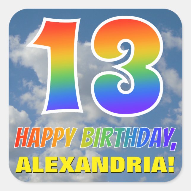 Adesivo Quadrado Arco-Íris Olhe "13" e "FELIZ ANIVERSÁRIO", Nuvens, (Frente)