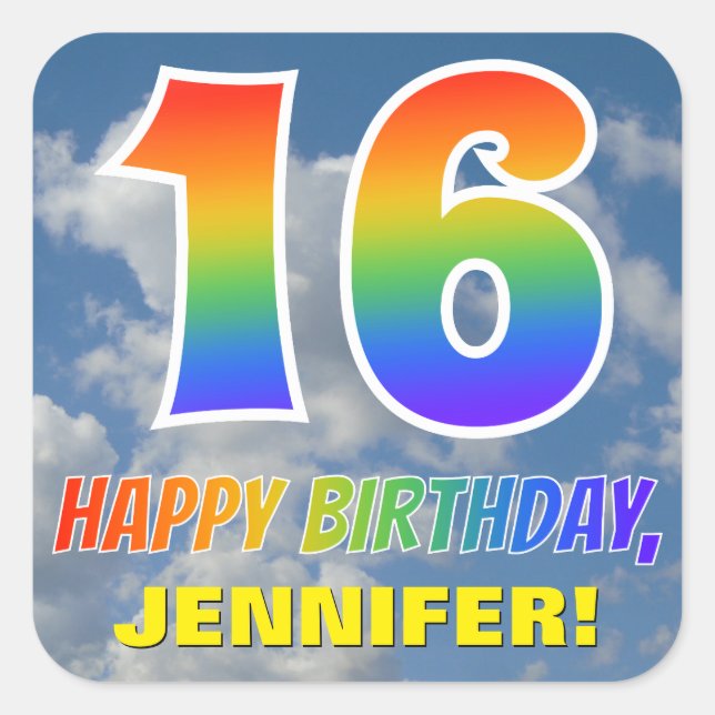 Adesivo Quadrado Arco-Íris Olhe "16" e "FELIZ ANIVERSÁRIO", Nuvens, (Frente)