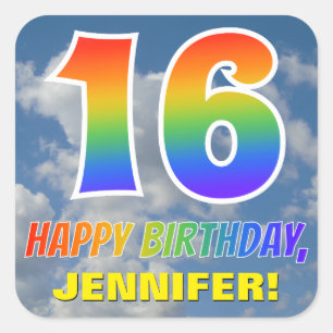 Adesivo Quadrado Arco-Íris Olhe "16" e "FELIZ ANIVERSÁRIO", Nuvens,