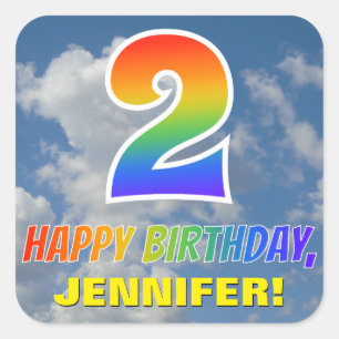 Adesivo Quadrado Arco-Íris Olhe "2" e "FELIZ ANIVERSÁRIO", Nuvens, 