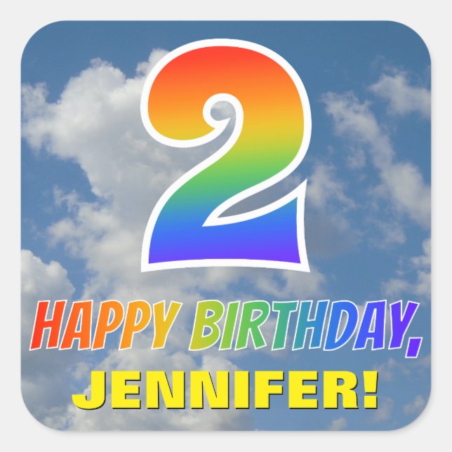 Adesivo Quadrado Arco-Íris Olhe "2" e "FELIZ ANIVERSÁRIO", Nuvens,  (Frente)