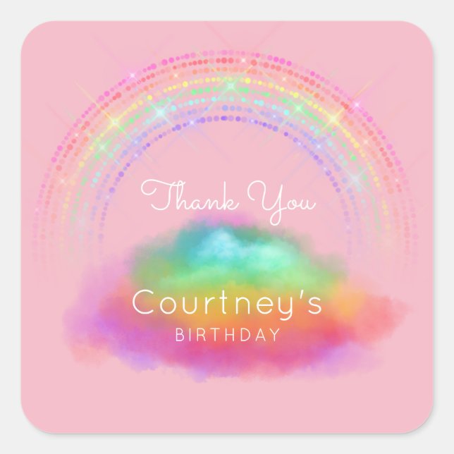 Adesivo Quadrado Arco-Íris Palavras Agradeço-Lhe Aniversário Rosa (Frente)