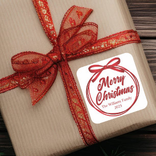 Adesivo Quadrado Arco Red Ribbon com Script de Natal Feliz