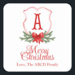 Adesivo Quadrado Arco Vermelho Merry Christmas Crest Sticker Gift T<br><div class="desc">Bonita etiqueta de presente de Natal com um clássico design de crista de Natal vermelho com a última personalização inicial e de nome</div>