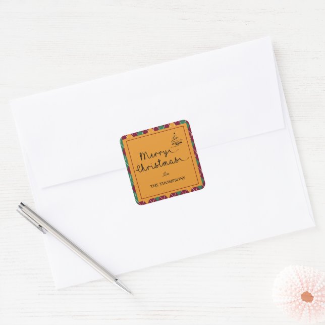 Adesivo Quadrado Argyle Amarelo Laranja Verde Script Feliz Natal (Envelope)