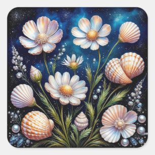 Adesivo Quadrado Arranjo Floral Elegante com Conchas Marinhas