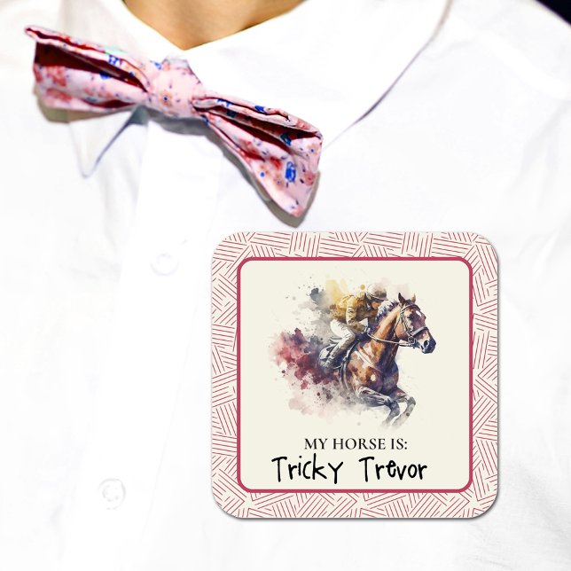 Adesivo Quadrado Arrasto de Caça e Jockey Betting (Give guests a sticker they can wear that names the horse they are betting to win the race.)