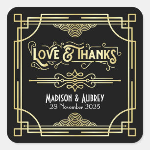 Adesivo Quadrado Art Deco Casamento Amor e Obrigados Dourado Preto 