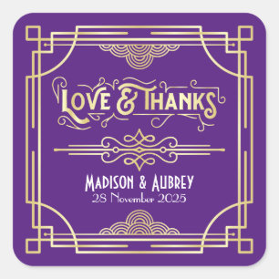 Adesivo Quadrado Art Deco Casamento Amor e Obrigados Dourado Púrpu