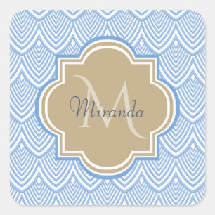 Adesivo Quadrado Art Deco Light Blue Fish Scales Tan Monogramas Nom
