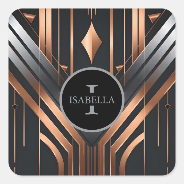 Adesivo Quadrado Art Deco Monogram Circle Name Design (Frente)