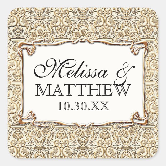 Adesivo Quadrado Art Deco Nouveau Faux Floral Dourado Damask Lace (Frente)