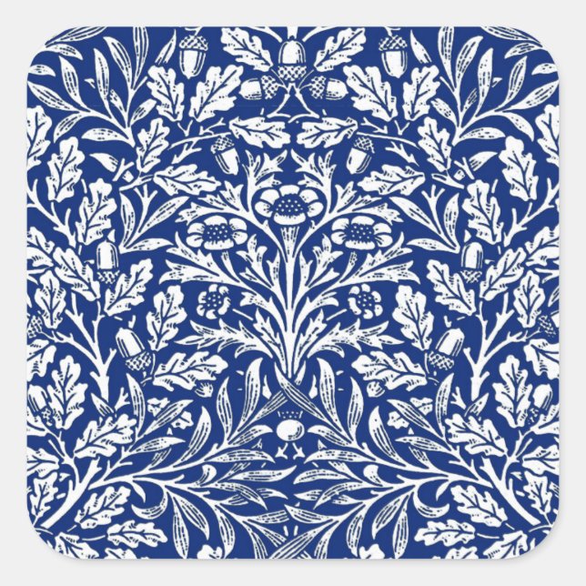 Adesivo Quadrado Art Nouveau Floral Damask, Cobalt Blue e White (Frente)