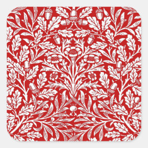 Adesivo Quadrado Art Nouveau Floral Damask, Deep Red and White