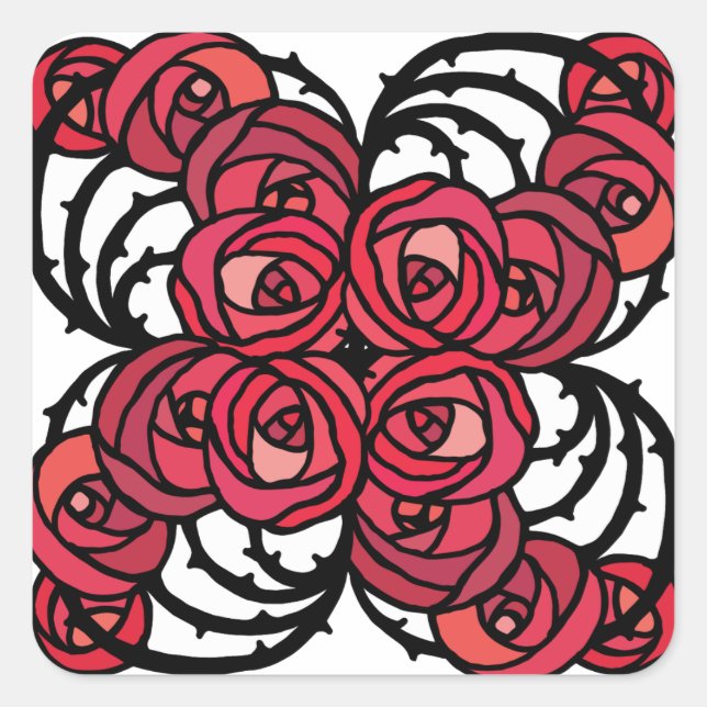 Adesivo Quadrado Art Nouveau Floral, vermelho e rosa preto, design (Frente)
