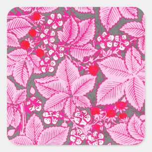 Adesivo Quadrado Art Nouveau Morangos e Folhas, Rosa e Cinzas
