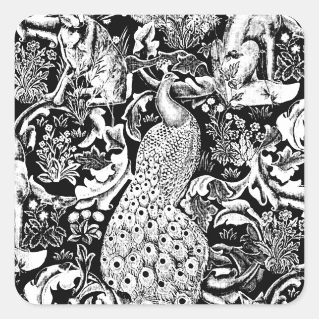 Adesivo Quadrado Art Nouveau Peacock Impressão, Preto e Branco (Frente)