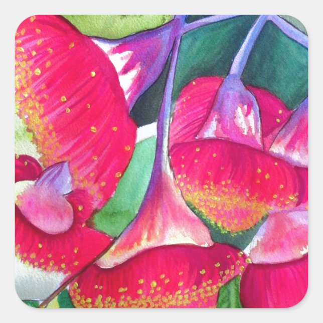 Adesivo Quadrado Arte a aquarela australiana com flores vermelhas (Frente)
