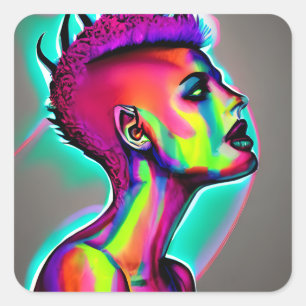 Adesivo Quadrado Arte Abstrato AI Colorida   Mulher com Mohawk