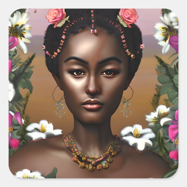 Adesivo Quadrado Arte AI de Beleza Afro-Americana (Frente)