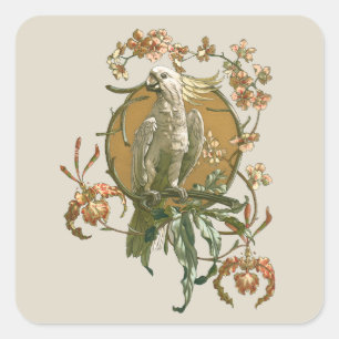 Adesivo Quadrado Arte Antiga Modernista, Papagaio Cacatua, Flores d
