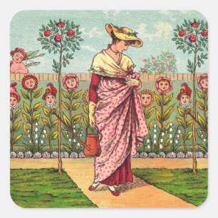 Adesivo Quadrado Arte Antigo Jardim Crescer Flor Mulher