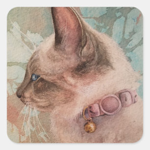 Adesivo Quadrado Arte Aquarela De Colarinho Rosa Siamês Kitten