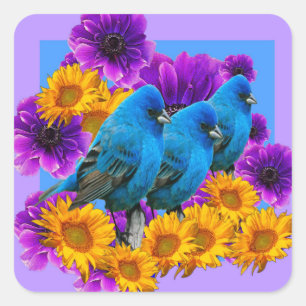 ADESIVO QUADRADO ARTE AZUL DO AZUL DAS FLORES DOS PÁSSAROS
