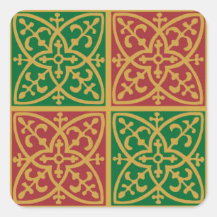Adesivo Quadrado Arte Azulejo Vermelha e Verde sobre Padrão Dourado