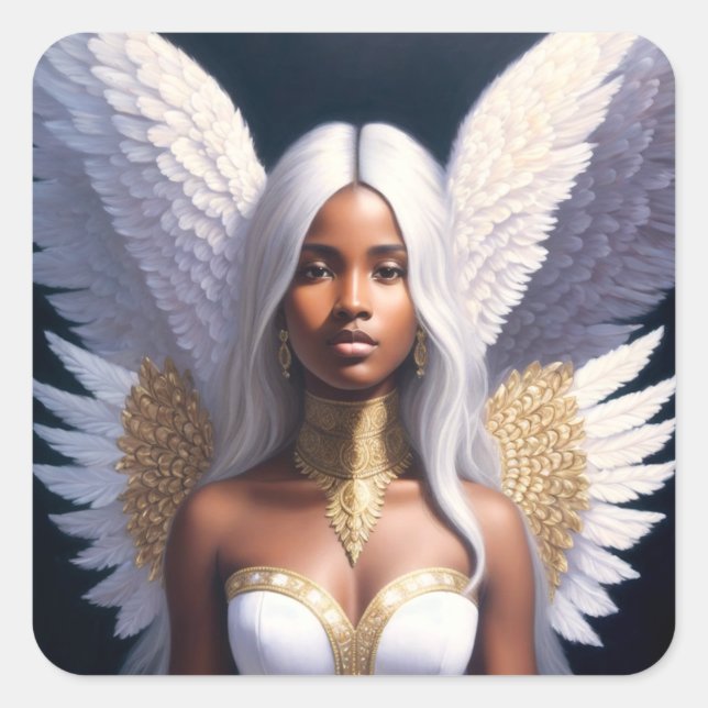 Adesivo Quadrado Arte Black Female Angel White Wings (Frente)
