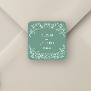 Adesivo Quadrado Arte Botânica em Linha Verde Sálvia   Casamento