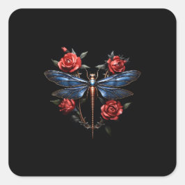 Adesivo Quadrado Arte cativante: Dragonfly Metálica com Rosas verme
