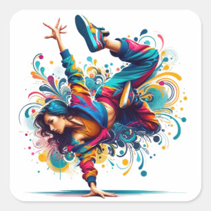 Adesivo Quadrado Arte Colorida de Garota de Breakdance
