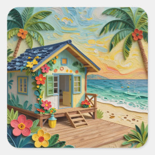 Adesivo Quadrado Arte Costeira de Casa de Praia