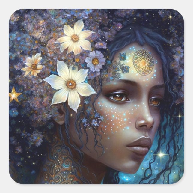 Adesivo Quadrado Arte da Rainha Fantasia, Deusa Negra Africana (Frente)