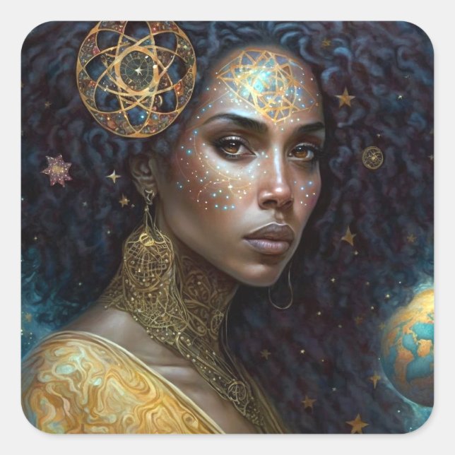 Adesivo Quadrado Arte da Rainha Fantasia, Deusa Negra Africana (Frente)