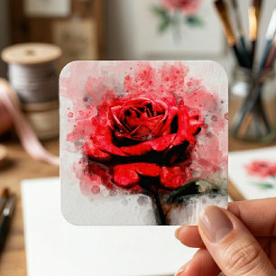 Adesivo Quadrado Arte de Aquarela de Rosa Vermelha em Fundo Branco