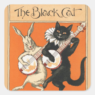 Adesivo Quadrado Arte de Banjo de Coelho Branco Gato Preto Laranja