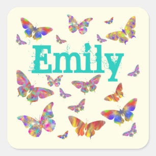 Adesivo Quadrado Arte de Borboleta Colorida Emily Adicionar Nome Me