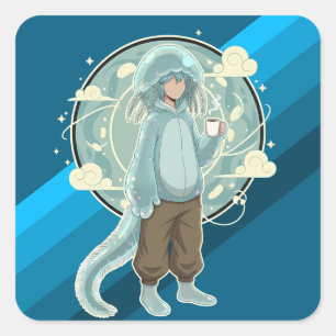 Adesivo Quadrado Arte de Café Anime Menino Água-Viva