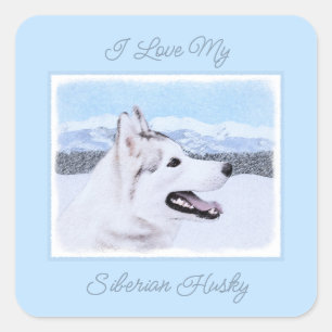 Adesivo Quadrado Arte de Cão Siberiana (Prata e Branca)